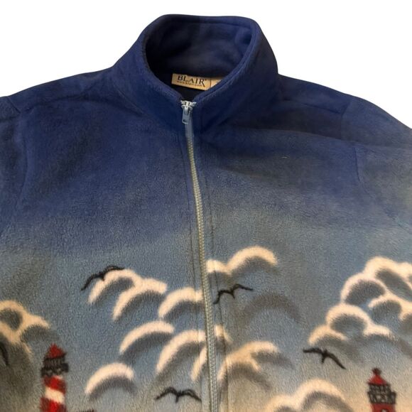 Vtg Blair Mens Jacket L Lighthouse AOP Theme Fleece Zip Up Outdoor Retro Ocean - Picture 5 of 13